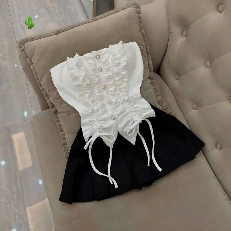 Set áo ống thun tăm cúp ngực bèo trước rút dây, chân váy ngắn xếp ly - 0088 top women