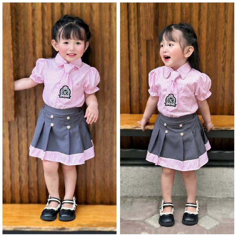 Sét Áo sơ mi lụa sọc+ cà vạt thêu + chân váy xếp ly mềm mịn Len (9-38kg)