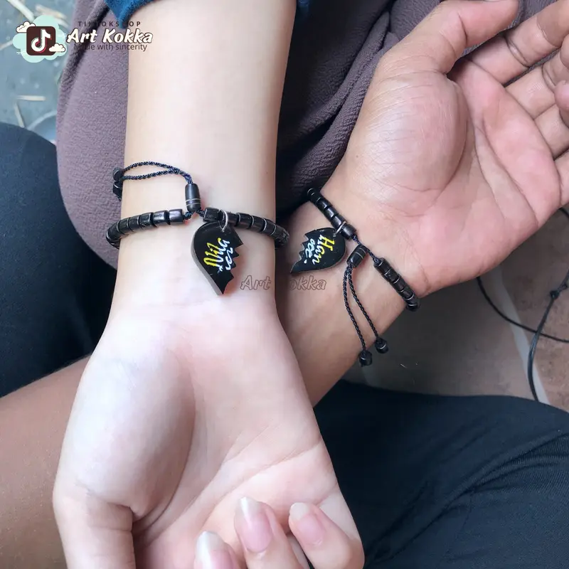 Gelang Couple Sahabat Custom Nama 2pcs Kapel Belah Kaokah Kokka Kaoka Kokkah Kaukah Kauka Koka aksesoris coklat hitam  gift Bracelets Kayu Laki-laki Perempuan 0