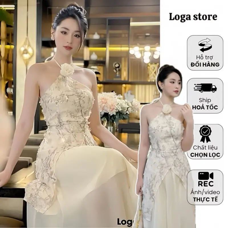 Đầm yếm hoa nổi xẻ vạt, váy cổ yếm đính hoa nữ tính thanh lịch Loga store - L222