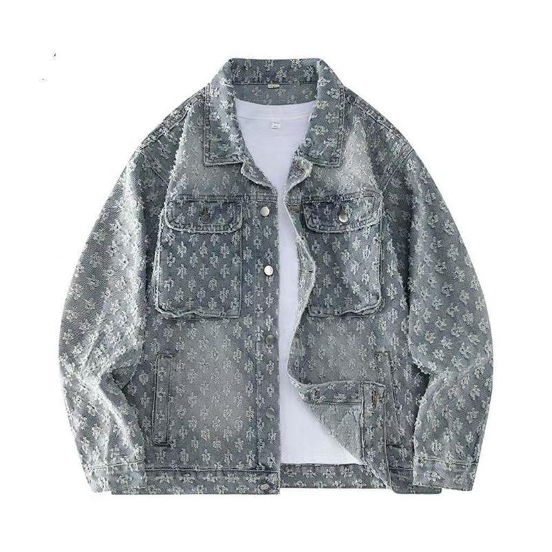 Áo Khoác Denim Mỹ, Phong Cách Jacquard Cổ Điển, Unisex, Thích Hợp Cho Mùa Xuân Và Mùa Thu, Phong Cách Cặp Đôi, Thiết Kế Cổ Điển Cao Cấp, Ngầu Và Dáng Rộng Vừa Vặn, Áo Khoác Thường Ngày 2