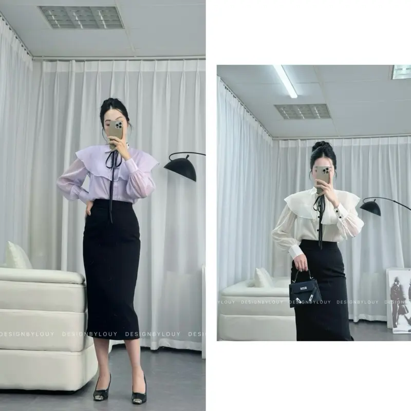 Áo sơ mi tơ tím trơn ( cổ nơ đen mảnh ) Trơn Top Nữ