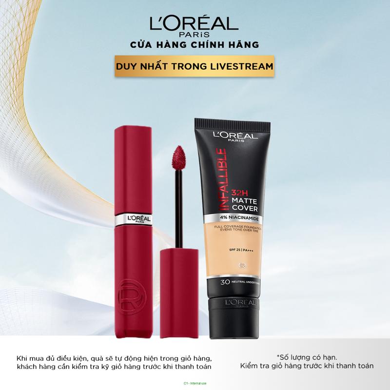 Bộ đôi Son kem lì nhẹ môi, lâu trôi, chuẩn màu L’Oreal Paris Infallible Matte Resistance 5ml và Kem nền che phủ cao, kiềm dầu lâu trôi với 4% Niacinamide L’Oreal Paris 32h Matte Cover Foundation 30ml Cosmetic Perfume