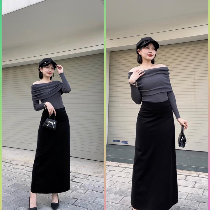 Chân váy dài 88cm hoặc ngắn 75cm chữ A chất umi ( lưng chun không khóa ) Nữ Đen