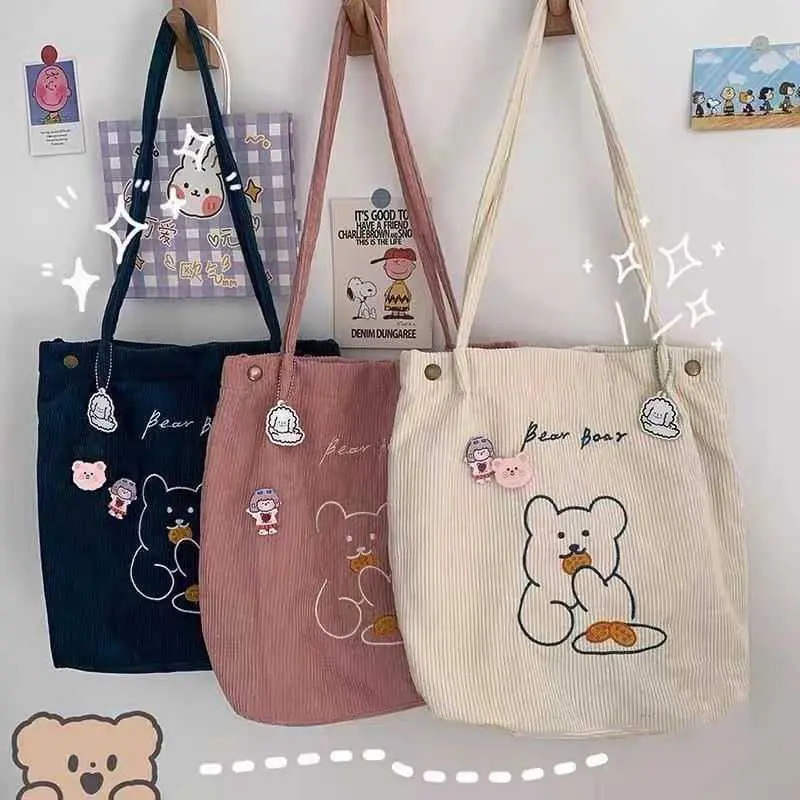 Túi Túi Xách Vải Nhung Kẻ, Phong Cách Hàn Quốc, Thiết Kế Gấu Dễ Thương, Cỡ Lớn, 3 Màu Có Sẵn, Miễn Phí Vận Chuyển, Túi # Bag026 Nữ Tote Da Đeo Vai Nữ Tote