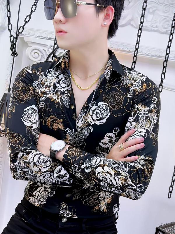 Áo sơ mi lụa nam họa tiết hoa hồng vàng trắng  nam tính Menswear Shirt Tre 6