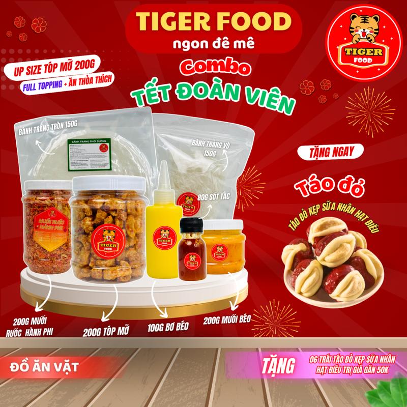 COMBO TẾT ĐOÀN VIÊN Bánh Tráng Phơi Sương TIGER FOOD đi kèm sốt muối béo + tóp mỡ + muối ruốc hành phi + sốt tắc chua ngọt + FULL TOPPING siêu ngon đồ ăn vặt snack - Tặng kèm 06 trái táo đỏ kẹp sữa nhân hạt điều.