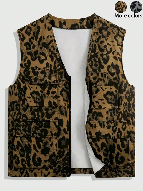 Men's Leopard Print Zip Up Vest Jacket, Regular Fit Casual Pocket Design Sleeveless Outerwear for Outdoor Hiking Camping, Fashion Men's Clothes for Summer, Menswear 4