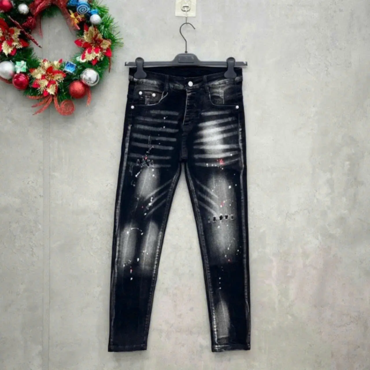 Quần jean dài nam thêu lá phong đỏ vẩy nhẹ sơn phong cách Hàn Quốc trẻ trung Menswear Pants