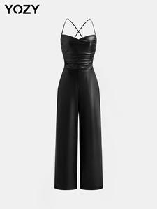 YOZY Women's Solid Backless Adjustable Strap PU Leather Jumpsuit, Fashion Casual Sleeveless Zipper Jumpsuit for Daily Outdoor Wear, Ladies Clothes for All Seasons