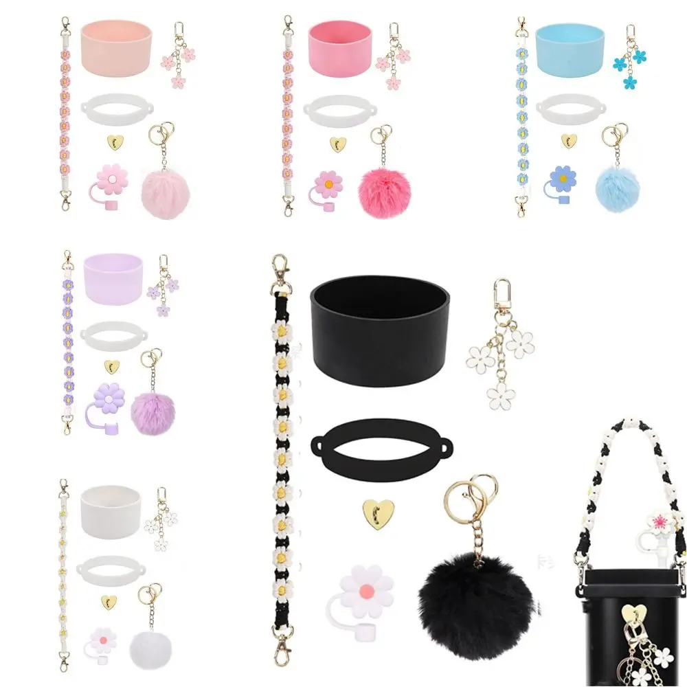 Fashion Silicone Cup Accessories Set Flower Handmade Cup Chain Straw Toppers Weaving Personalized Bottle Identification Chain For Stanley Cup