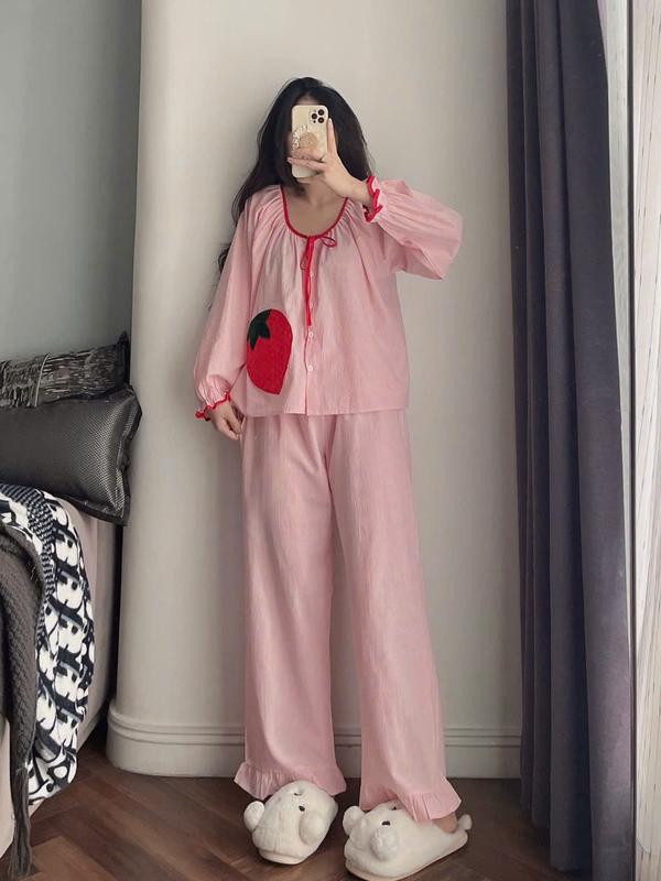N71- pijama tiểu thư bánh bèo cho nữ - hoạ tiết cổ tròn phối dâu thêu - Bộ ngủ mặc nhà công chúa hàng quảng châu cao cấp