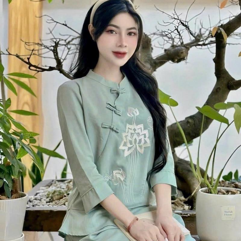 Bộ lam đi chùa nữ BEBE đũi vân mây thêu hoa sen cổ tàu nút thắt kết hợp quần hai túi trang trọng đồlam 7