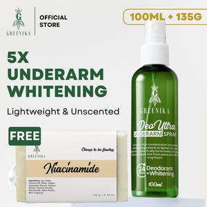 [ DEOULTRA UNDERARM SPRAY + NIACINAMIDE SOAP ] Greenika 5X Underarm Whitening Spray + Niacinamide Soap Underarm Spray Skin Whitening Armpit Whitening Underarm Deo Spray Under Arm Dark Spot Remover Fast Deodorant for Dark Underarms Dark Armpit