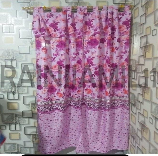 Gorden hordeng shaby poni model tali gantung Katun penutup jendela estetik Merah Ungu 2