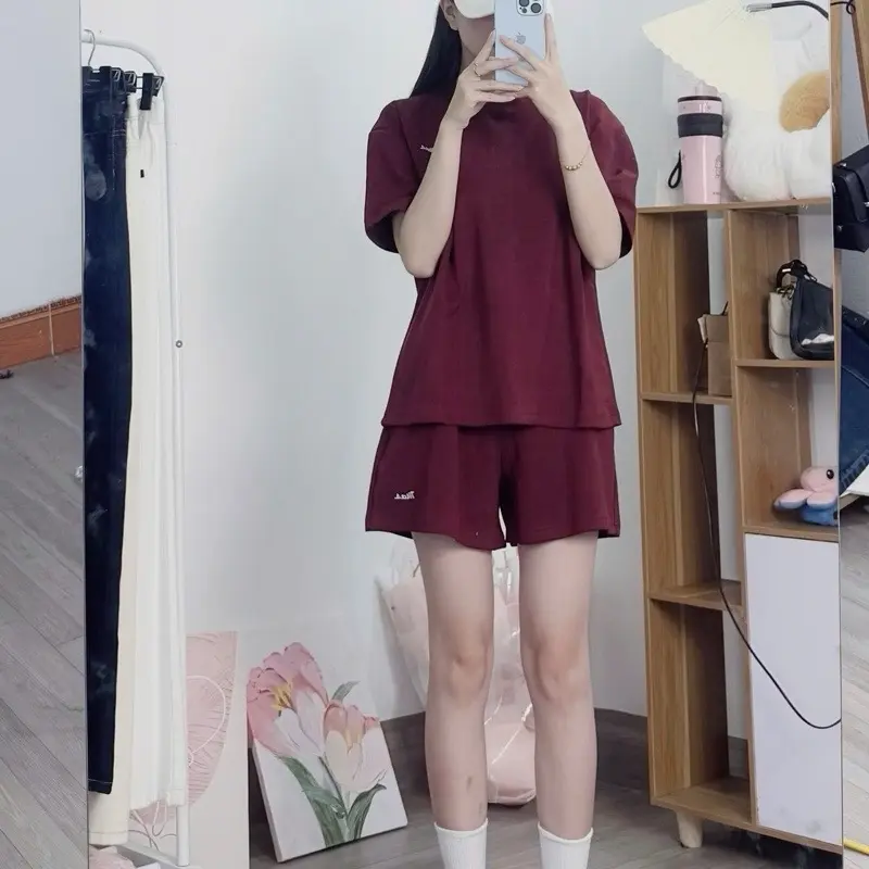 Sét bộ thêu chữ MAS nổi chất nỉ xốp cộc tay nữ ,bộ quần short đùi áo form rộng tay lỡ mix quần ống rộng MAS STORE < 85KG