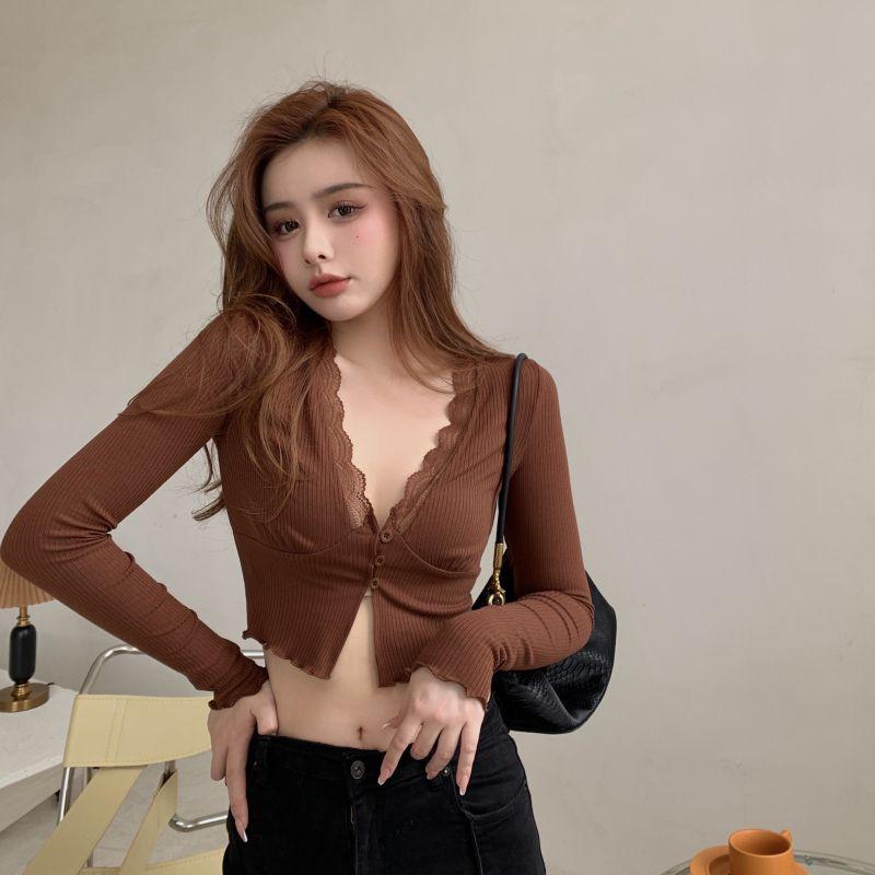 Áo Thun Dài Tay Sang Trọng, Dành Cho Nữ, Phong Cách Mùa Thu, Thiết Kế Đẹp, Cổ Chữ V, Gợi Cảm Và Bó Sát, Áo Cardigan Mặc Trong, Áo Ngắn Cô Gái Nóng Bỏng, Dễ Thương Và Gợi Cảm Top Women  Năm nay phổ biến sexy hottie phụ nữ Tops 1