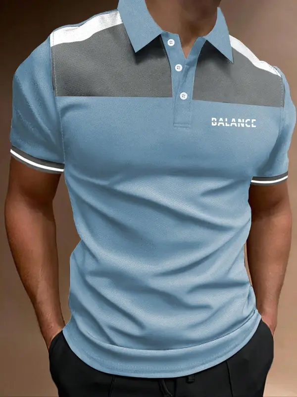 Men's Patchwork Letter Print Polo Shirt, Regular Fit Casual Short Sleeve Button Top, Fashion Men's Clothes for Summer 4