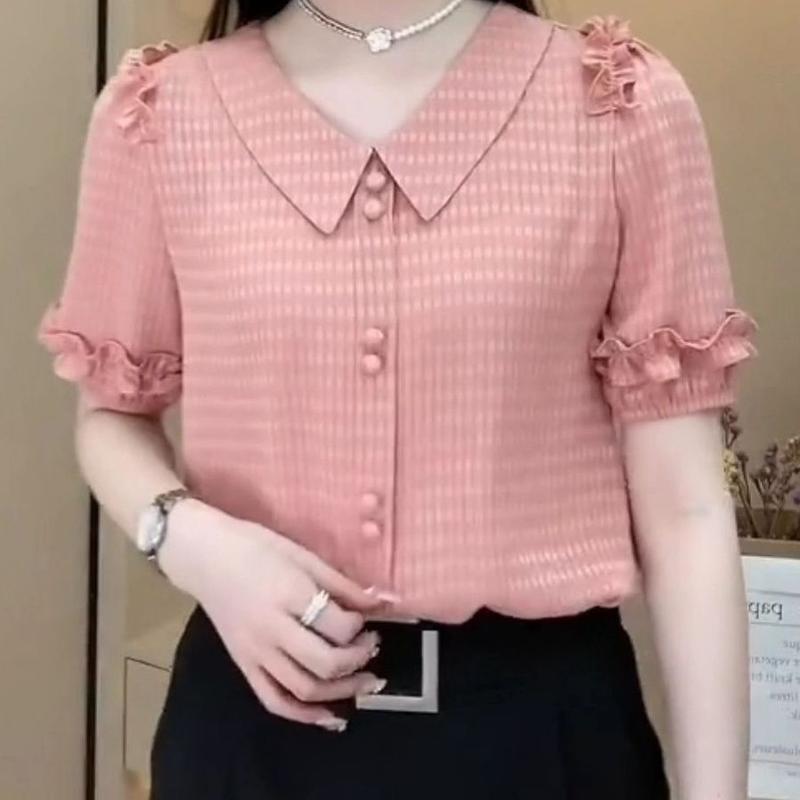 Áo Thun Ngắn Tay Cho Nữ, Áo Voan Có Cổ Búp Bê, Quần Áo Cho Mẹ, Áo Thời Trang Đa Năng 8