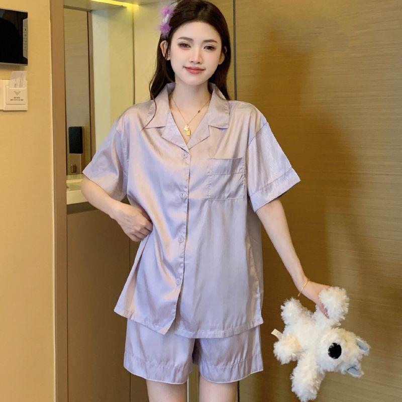 Bộ Đồ Ngủ Lụa Lạnh Dành Cho Nữ, Bộ Áo Ngắn Tay Và Quần Đùi Mỏng Mùa Hè, Bộ Đồ Mặc Ở Nhà Thường Ngày Satin Dệt Twill Hình Người Kiểu Hàn Quốc 3
