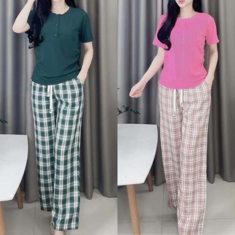 Đồ Bộ Nữ Mặc Nhà Bigsize 45-85kg Quần Ống Suông Rộng Caro Áo tay ngắn có nút DB668 ESHOP Set bộ nữ đẹp mặc nhà nữ dễ thương đi chơi đẹp cá tính Thun Tăm Lạnh Top Women Quần Ngủ Áo Tết