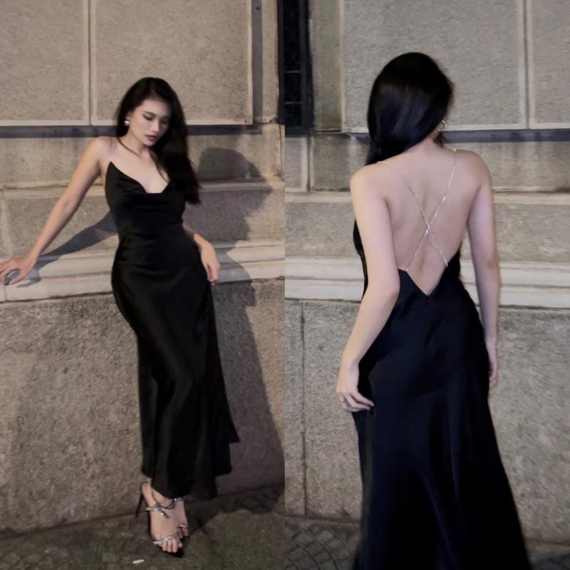 Đầm Lụa Satin Dây Đá Cao Cấp Dáng Dài Hở Lưng