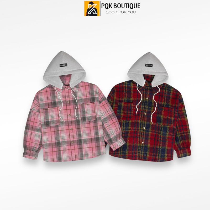 Áo Khoác Flannel Nam Nữ Form Rộng Có Nón Caro Hồng Basic Hot Trend - Pqk Boutique