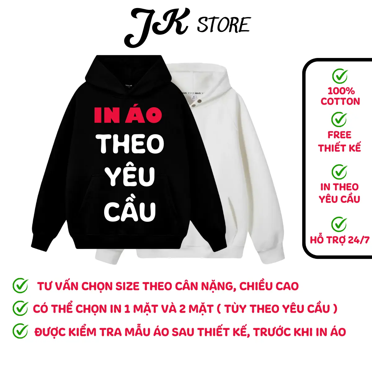 [NHẬN IN THEO YÊU CẦU] Áo Hoodie In Theo Yêu Cầu Nỉ Bông Dày Dặn Đen, Trắng, Xám đầy đủ size by JK Store Nam Menswear