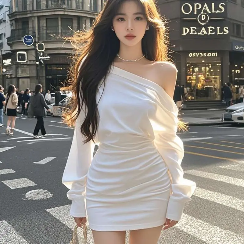 Váy Ôm Sát Bó Sát, Thời Trang Cao Cấp, Gợi Cảm, Vai Nghiêng Màu Trắng, Cô Gái Nóng Bỏng, Thanh Lịch, Tay Áo Dài, mm Women Umi Dress