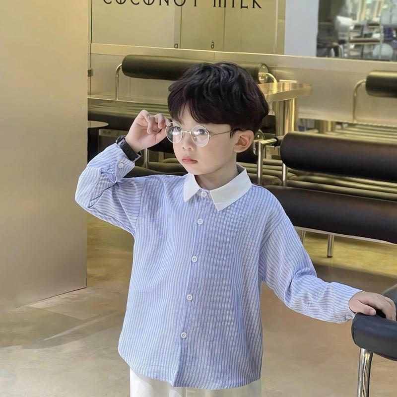 Áo sơ mi kẻ DÀI TAY basic phối cổ trắng Beemo cho bé trai 8-25kg Dosie chất liệu thô lụa thoáng mồ hôi kẻ sọc nhỏ trendy