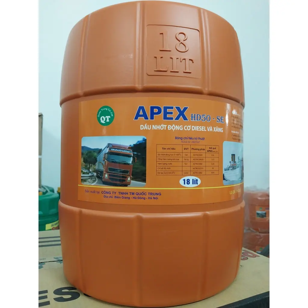 Dầu nhớt động cơ Diesel và Xăng APEX HD50 - SE can 18L, Quốc Trung SX