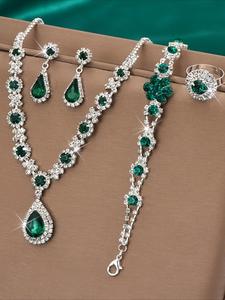 Conjunto de Joyería Elegante de Esmeralda, Collar, Aretes, Pulsera y Anillo Exquisitos y Modernos, Conjunto de Joyería de Moda para Decoración de Fiestas