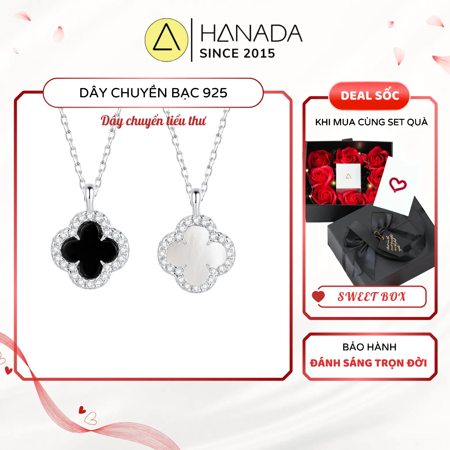 Dây chuyền HANADA vòng cổ dây chuyền bạc cho nữ set trang sức xinh dây chuyền bạc cỏ bốn lá may mắn đá đen mã não  - trắng xà cừ - đính đá tấm 6A dây chuyền nữ sang trọng phong thủy thu hút năng lượng trang sức phụ kiện quà tặng sn bạn nữ 1860 F10
