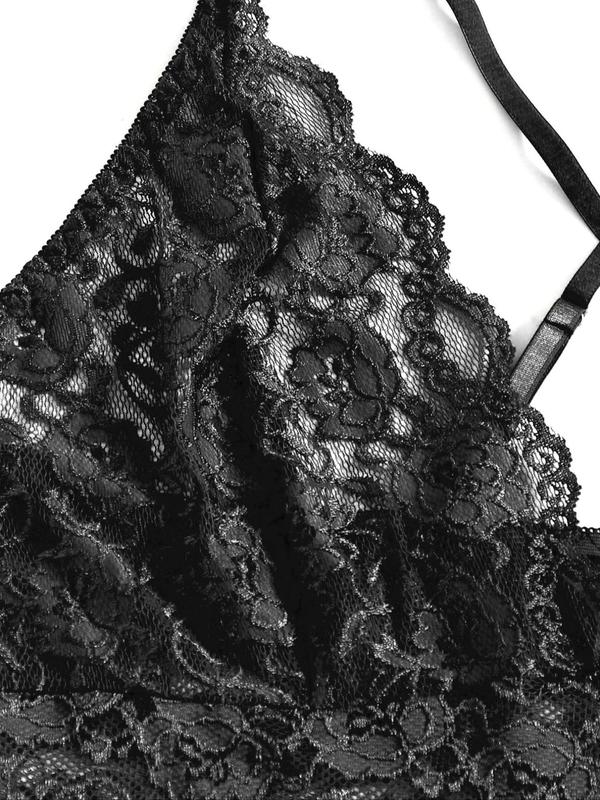 【Plus Size】 Contrast Lace Criss Cross Backless Cami Sexy Bodysuit Costumes, Solid Spaghetti Strap One-piece Sexy Costumes, Women's Sexy Lingerie for All Seasons, Naughty Lingerie 8