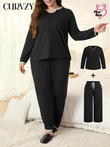 CURVZY Plus Size Contrast Binding Top & Drawstring Waist Pants Pajama Set, Casual Comfy Long Sleeve Top & Pants, Women's Sleepwear for Spring & Fall