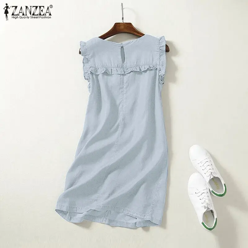 Váy Denim ZANZEA, Phong Cách Hàn Quốc, Dành Cho Nữ, Thường Ngày, Không Tay, Cổ Vuông, Xếp Nhún, Kiểu Váy Xòe Mini, Ghép Nối, Thích Hợp Cho Mùa Hè 3