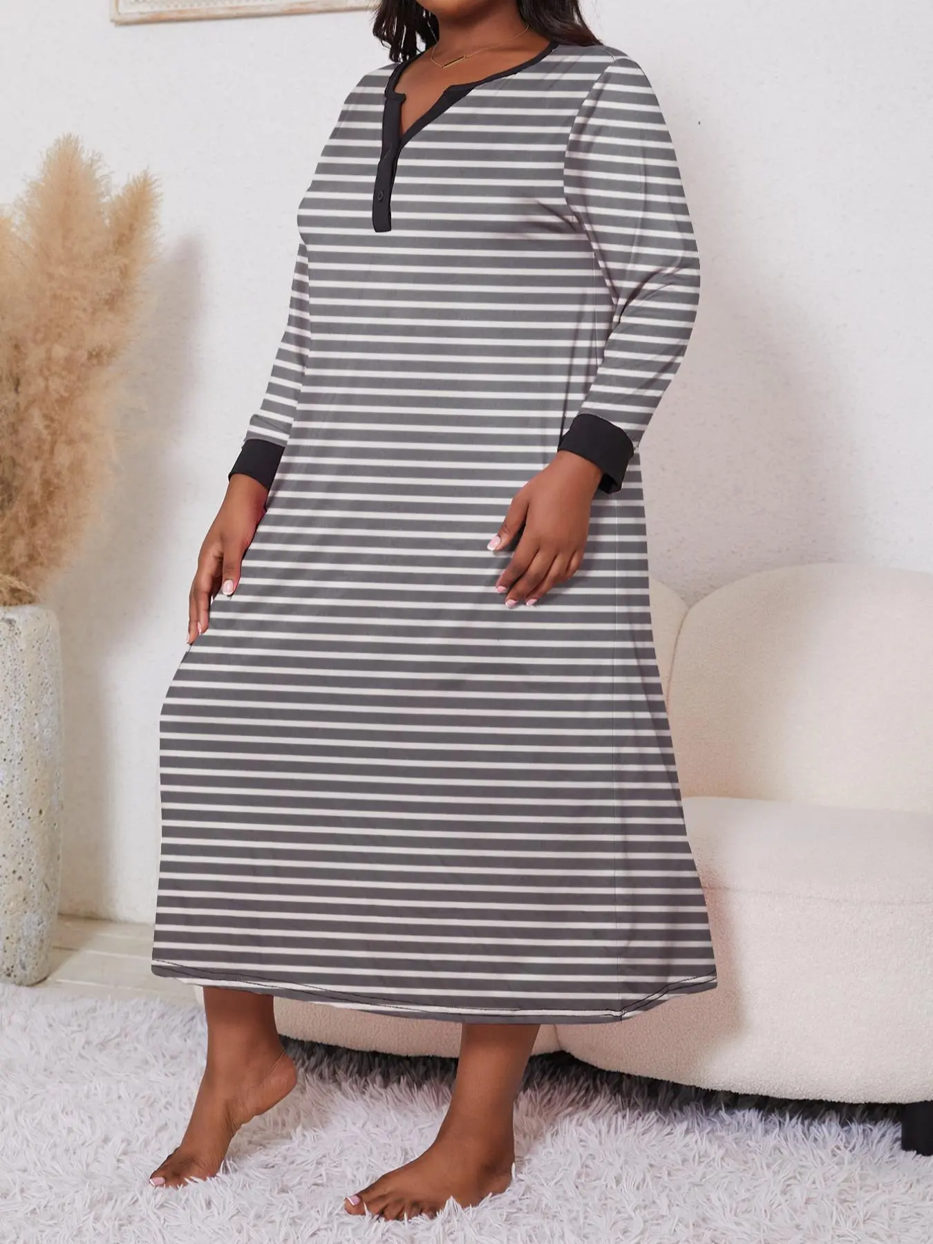 【Plus Size】 Striped Print Notched Neck Button Front Nightdress, Casual Long Sleeve Nightgown, Women's Sleepwear for Spring & Fall