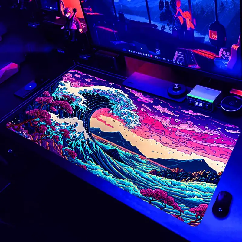 Sea Wave Pattern Mouse Pad, UV Reactive Large Gaming E-sports Computer Thickened Fluorescent Mouse Pad, Rubber Mouse Pad 0
