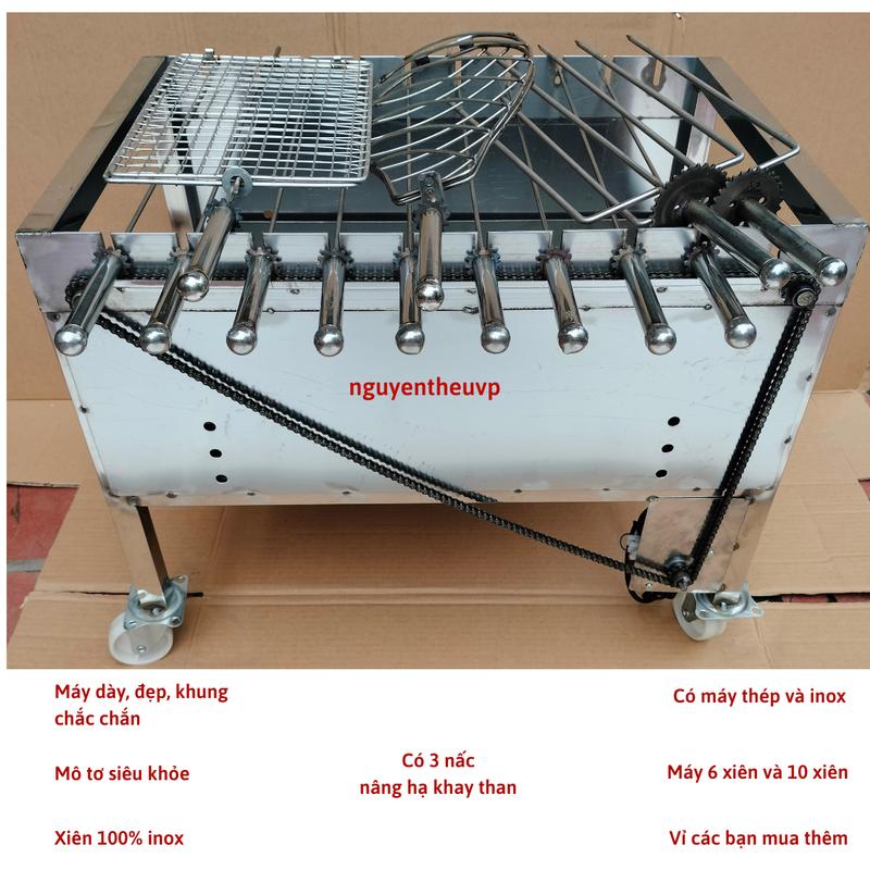 Máy nướng thịt chả mini Lò quay gà vịt mô tơ tự động bếp nướng than hoa inox 10xiên (kèm 10 xiên đơn và 2 xiên  gà)