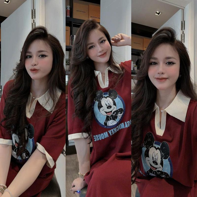 Đầm suông dài , váy suông bầu chất cotton Gemmy House in hình Mickey mouse cổ đức