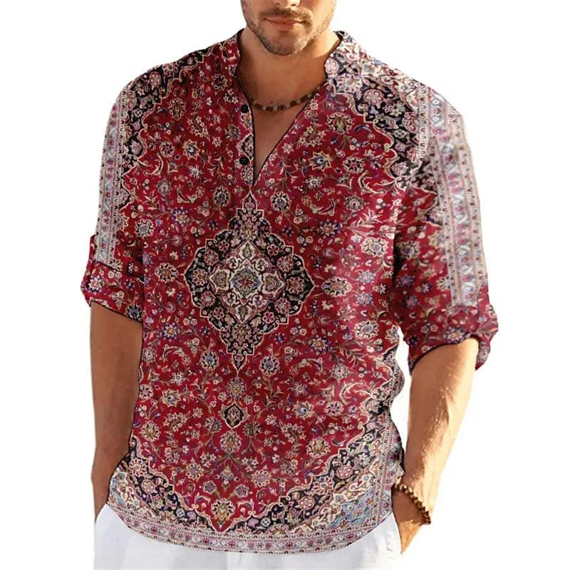 Product Introduction of Áo Sơ Mi Henley Sang Trọng, In 3D Hoa Mùa Thu, Thời Trang Nam, Phong Cách Hoa Cổ Điển Cổ Chân Đế Áo Sơ Mi Dài Tay, Áo Cánh, Quần Áo Nam 2