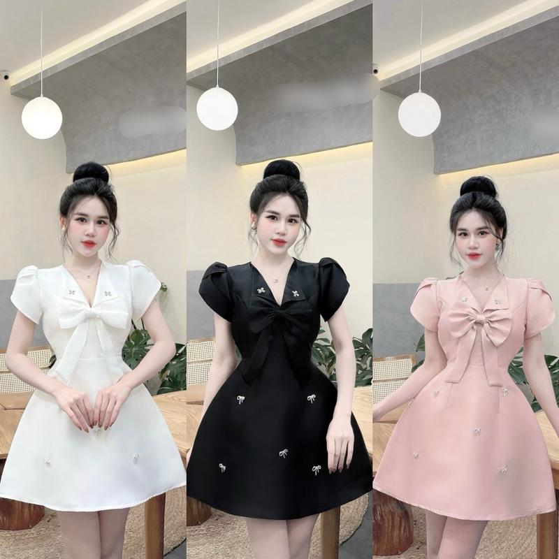 Váy tafta nơ ngực sang chảnh đầm thiết kế kèm tag đá siêu xinh fom dáng chuẩn cực xinh Nữ Kem