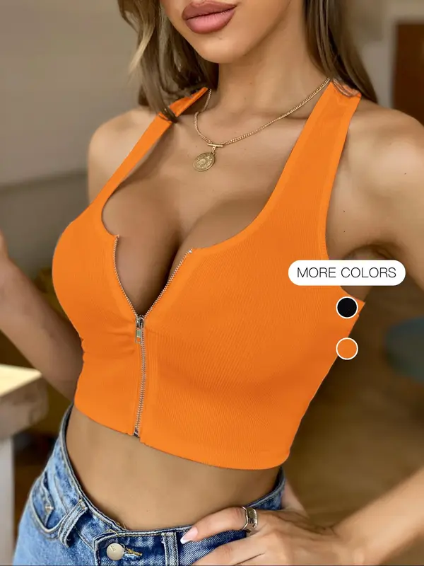 Women's Solid Zip Up Tank Top, Casual Sleeveless Cropped Top for Summer, Fashion Women's Top for Daily Wear, Womenswear 4