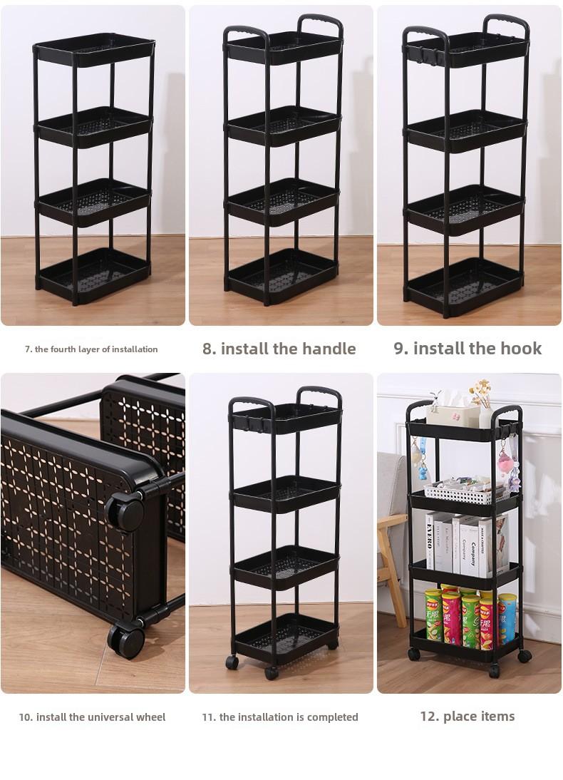 Product Introduction of Bookshelf Floor-standing Movable Household Simple Multi-layer Snack Storage Rack Reading Bookshelf with Wheels Multi-functional 9