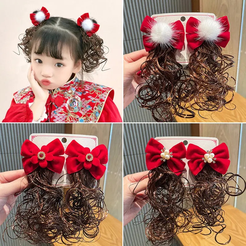 Set 2 chiếc kẹp tóc giả đội đầu hình nơ cho bé gái màu đỏ, phụ kiện kết tóc tạo kiểu cho trẻ em 0
