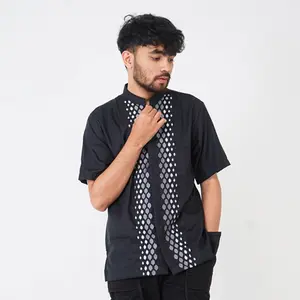 Alkinan - Baju Koko Pria Dewasa Cowok Laki Lengan Pendek Motif Bordir Simetris Bahan madina fodu Anti Kusut warna  Hitam navy abu coklat biru Muslim Katun