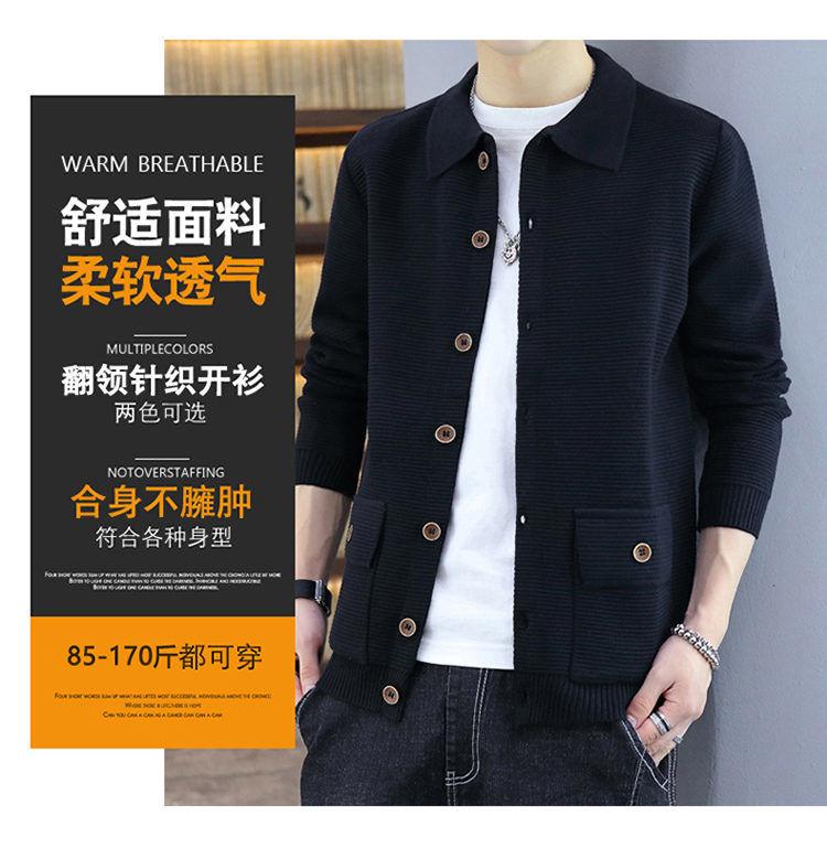 Product Introduction of Spring and Autumn Lapel Knitted Cardigan Men's Coat Trendy Casual Belt Button Solid Color Outerwear Sweater Men's Line Clothes Nam 14