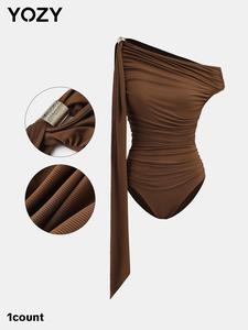 YOZY Women's Plain Ruched Asymmetrical Neck Bodysuit, Casual Sleeveless Ribbon Bodysuit for Holiday Vacation, Ladies Clothing for All Seasons