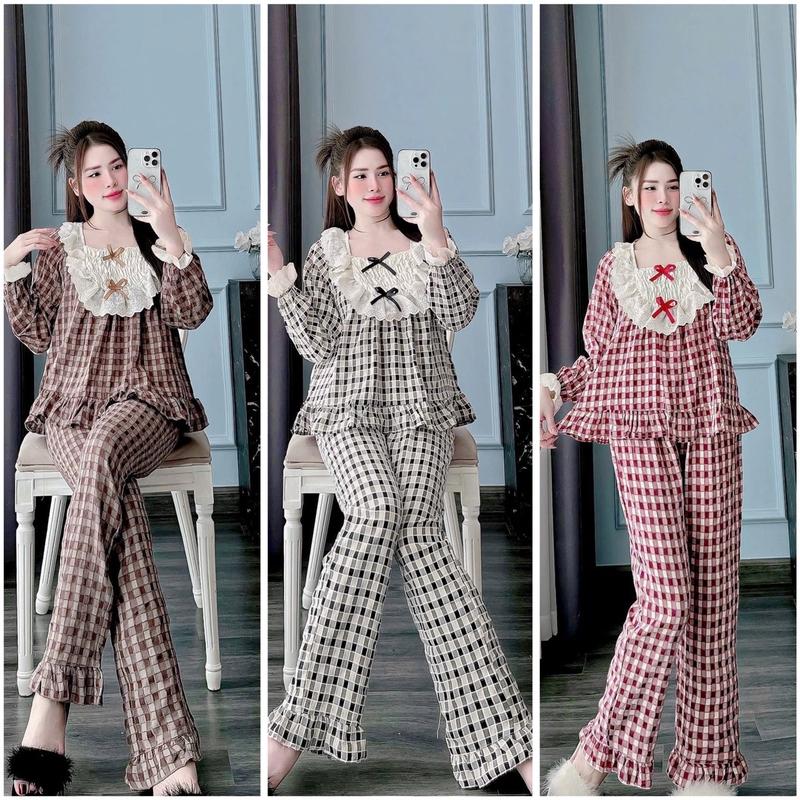 Set pyjamas thu đông chất vải đũi xốp sang chảnh mặc nha cho Nữ Women Nhung Quần Ngủ pijama nơ bộ đồ Áo Ngủ đồ bộ sam