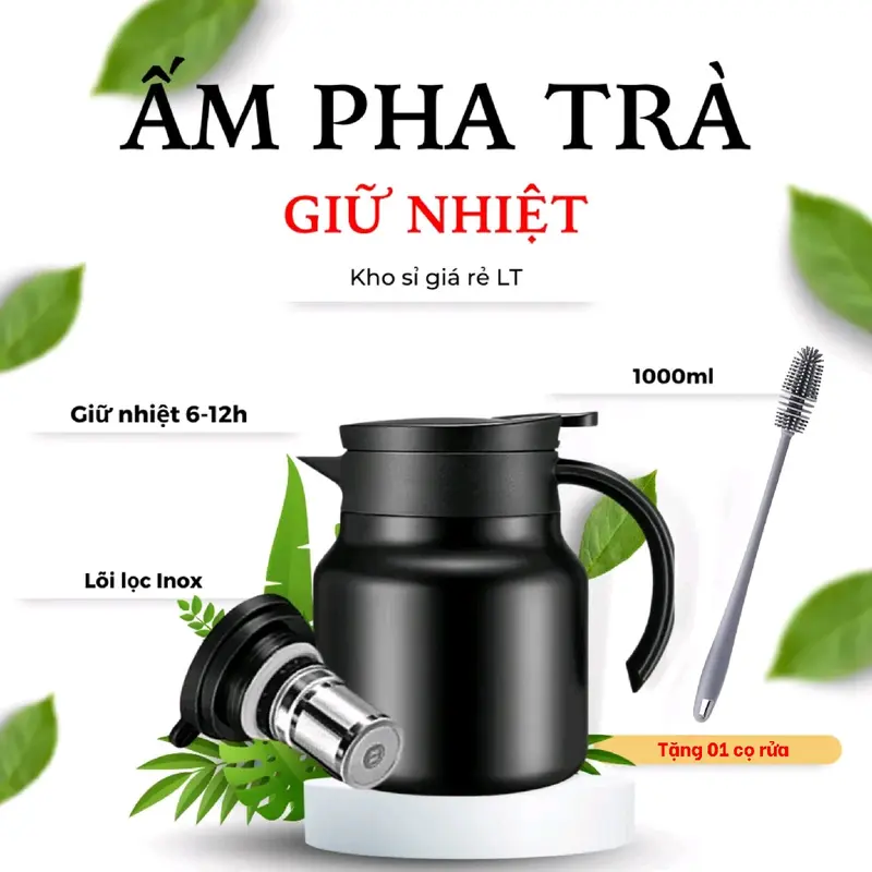 Bình pha trà, bình giữ nhiệt inox 316 size 1000ml tặng kèm chổi cọ vệ sinh bình 0